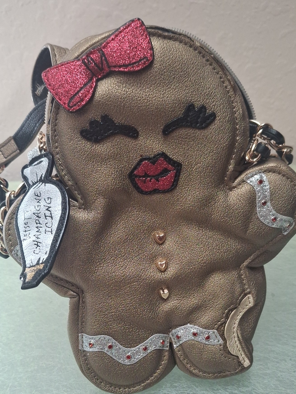 Bronze Christmas Gingerbread Crossbody Bag with Pink Bow